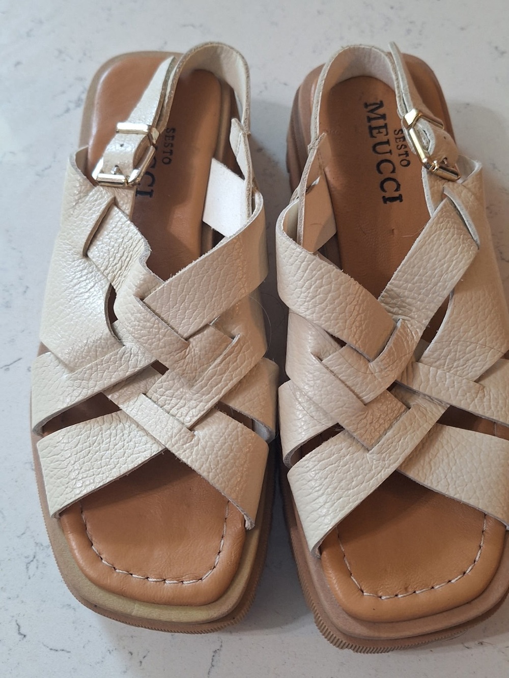 Sesto Meucci Cream Woven Leather Slingback Sandals 90’s inspired